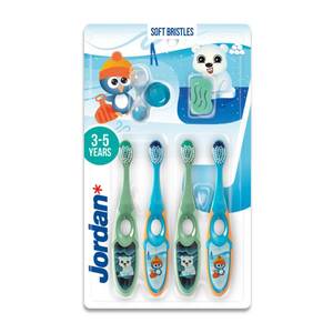 lot 10397 image: Jordan Step 2 Kids Toothbrush, 3-5 Years, Soft Bristles, BPA Free (4 Pack) Blue & Green