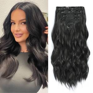 lot 10420 image: Fliace Clip in Black Hair Extensions for Women, Thick Double Weft Wavy Soft Hair & Blends Well Long Hairpieces(20inch, 6pcs, Natural Black)