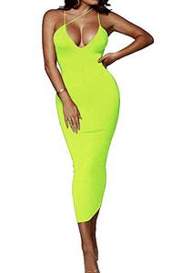 lot 10434 image: PRIMODA Womens Sexy Neon Asymmetrical Spaghetti Strap Dress Deep V-Neck Sleeveless Bodycon Midi Club Dress (Neon-Green,L)