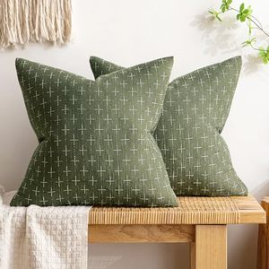 lot 10457 image: MIULEE Pack of 2 Decorative Vintage Burlap Linen Outdoor Throw Pillow Covers Modern Farmhouse Pillowcase Rustic Woven Textured Cushion Cover for Sofa Couch Bed 18x18 Inch Olive Green
