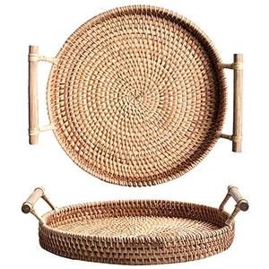 lot 10489 image: YANGQIHOME Woven Serving Tray, Rattan Round Tray, Wicker Serving Basket with Wooden Handles (12.6 inch  32cm)