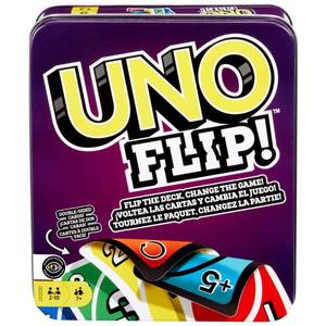 lot 10491 image: Mattel Games UNO Flip Card Game for Kids, Adults & Family Night with Double-Sided Cards in Collectible Storage Tin (Amazon Exclusive)
