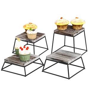lot 11414 image: MyGift Torched Wood Cupcake Stand, Square Food Dessert Display Riser, Retail Stand with Black Metal Wire Frame, Set of 4