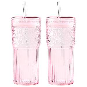 lot 11470 image: GOSCHE Glass Coffee Cups with Lids and Straws, 20oz Drinking Jar Glass Tumbler for Iced Coffee, Vintage Ripple Glassware Smoothie Cups, Pink, 2Pcs
