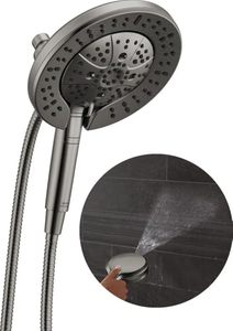 lot 11473 image: Delta Faucet 7-Setting In2ition 2-in-1 Dual Shower Head with ProClean Spray, Black Round Shower Head with Hose, Hand Held Shower Head 1.75 GPM, Lumicoat Black Stainless 58651-KS-PR - Retail $315.52