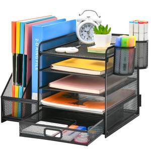 lot 11474 image: Marbrasse Desk Organizer with File Holder, 5-Tier Paper Letter Tray Organizer with Drawer and 2 Pen Holder, Mesh Desktop Organizer and Storage with Magazine Holder for Office Supplies(Black)