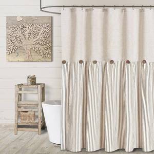 lot 11483 image: Awellife Extra Long Shower Curtain for Bathroom 78 Inch Shower Curtain Button Farmhouse Shower Curtain Beige Linen and Cotton Woven Fabric Pleated Brown Stripe Country Rustic Style
