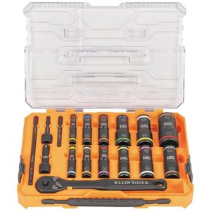 lot 11486 image: Klein Tools 65626 KNECT Deep Well Impact Socket Set, 38-Inch Drive Ratchet, 24 SAE and Metric Flip Socket Sizes, MODbox Case, 18-Piece - Retail $129.97