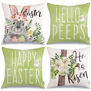 lot 12344 image: GEEORY Happy Easter Pillow Covers 16x16 inch Set of 4, Floral Rabbit Bunny Hello Peeps Cross He is Risen Farmhouse Decorative Throw Pillowcases for Home Sofa Couch Decoration (Green) G498-16