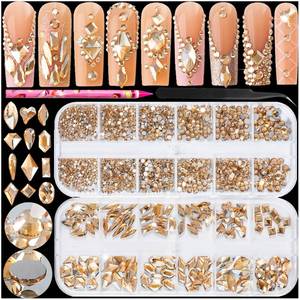 lot 6323 image: Haozher 2420pcs Gold Rhinestones for Nails, Round Flatback Champagne Rhinestones Gold Nail Charms for Nails120 Pcs 3D Multi Shapes Glass Crystal Diamond Nail Gems for Acrylic Decoration