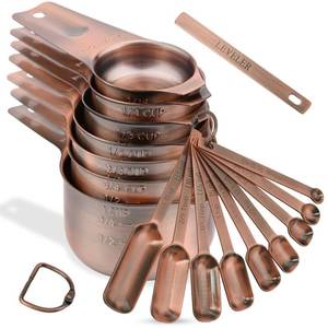 lot 6348 image: Viwehots Measuring Cups and Spoons Set, Copper Plated Measuring Cups Spoons, Stainless Steel 7 Measuring cups and 9 Measuring Spoons 1 Leveler for Baking and Kitchen, Metal Copper Measure Cups&Spoons
