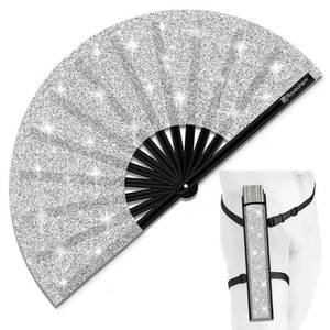 lot 6371 image: Raveahem Glitter Large Rave Folding Clack Hand Fan with holster for menwomen Handheld Fan for EDM,Festival,Club,Party,Dance (Silver)
