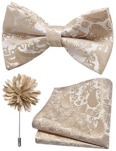 lot 6391 image: Branduce Champagne Bow Tie for Men Wedding Silk Paisley Beige Bowties Pocket Square and Lapel Pin Brooch Set (BB11-20)