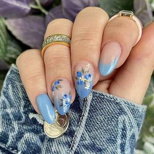 lot 6404 image: 24Pcs Blue Flower Press on Nails Almond Medium Fake Nails French Tip Glue on Nails Blue Gradient Acrylic Nails Full Cover Spring Summer False Nails with Designs Flower Nails Art Decoration for Women