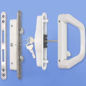 lot 6427 image: ALLYWASAI Sliding Patio Door Handle Set with Mortise Lock, Suitable for Sliding Glass Patio Door Thickness from 1.5in to 2in, 4-1516 Screw Holes, Need to Drill, Reversible Design, Keyed, White
