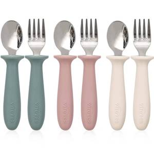 lot 6435 image: VITEVER 6 Pieces Toddler Utensils, Kids Silverware Set with Silicone Handle, Children Safe Spoons and Forks, 188 Stainless Steel, Food-grade Silicone - Dishwasher Safe
