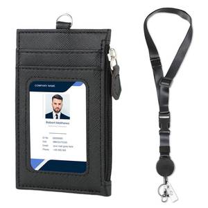 lot 6442 image: DELSWIN Badge Holder with Retractable Lanyard, PU Leather ID Badge Card Holder with 1 ID Window, 4 Card Slots, 1 Side Zipper Pocket, and Adjustable Neck Strap