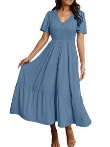 lot 6457 image: Simplee Womens Summer Smocked Flowy Dress - Casual Flutter Sleeve Tiered Boho Maxi Dresses with Pockets Dusty Blue XL