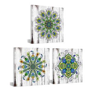 lot 7251 image: Biuteawal Mandala Wall Art Bedroom Decor Retro Peacock Flower Pattern Canvas Pictures Green Boho Floral Painting Prints Vintage Artwork Framed Home Bathroom Yoga Spa Decorations 12x12inchx3Panel