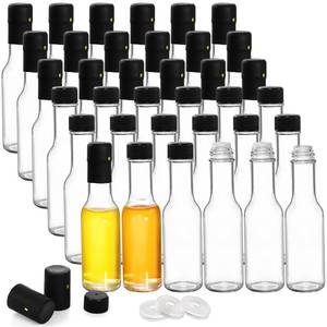 lot 7282 image: Cedilis 36 Pack Small Glass Bottle, 3oz Glass Woozy Bottle, Empty Mini Hot Sauce Bottles, Clear Liquor Wine Bottles with Shrink Capsule, Black Screw Caps, Dripper Insert