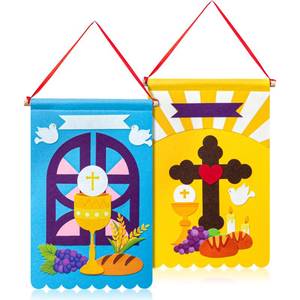 lot 8236 image: WATINC First Communion Banner Kit - Holy 1st Communion Felt Banner Kit Baptism Christian Cross DIY Craft Decorations, Make Your Own Sunday School Church Hanging Crafts Supplies for Boys Kids (2 Set)