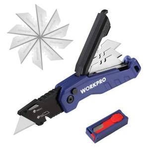 lot 8255 image: WORKPRO Folding Utility Knife, Quick Change Box Cutter, Razor Knife for Cartons, Cardboard, Boxes, Blade Storage in Aluminum Handle, 13 Extra Blades Included (Blue)
