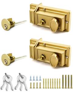 lot 8291 image: QWORK Night Latch Deadbolt Rim Lock with Key, 2Pack Gold Finish Antique Style Lock with Front Door Key