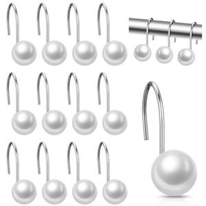 lot 8327 image: Threehoney 12 Pcs Shower Curtain Hooks Ivory Artifical Pearl Decorative Shower Curtain Rings Vintage Rustproof Cute Curtain Hooks for Country Farmhouse Bathroom Decor