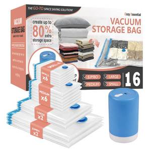 lot 9781 image: Vacuum Storage Bags with Electric Pump, 16 Pack (2 Jumbo2 Large6 Medium6 Small) Vacuum Seal Space Saver Bags for Clothing, Pillows, Blanket, Bedding, Comforters