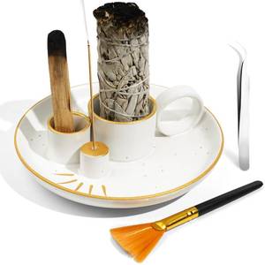 lot 9805 image: KJQJLY Incense Holder 5 in 1 Incense Burner Holder Sage Holder for Burning Palo Santo Holder with Handle 5.9 Inch Ceramic Incense Burner Ash Catcher Tray for Meditation Yoga Room
