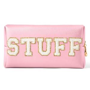 lot 12356 image: Y1tvei STUFF Makeup Bag Large - Preppy Patch Extra Large Stuff Varsity Letter Makeup Bag Sewn with White Letter PU Leather Waterproof Cosmetic Pouch Toiletry Zipper Organizer Gifts for Women(Pink)