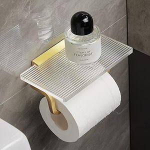 lot 12367 image: Toilet Paper Holder Bathroom Paper Toilet Roll Holder Hanger,Toilet Paper Holder with Acrylic Shelf, Tissue Holder with Mobile Phone Storage Rack (Gold)