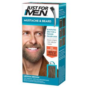 lot 12403 image: Just For Men Mustache & Beard, Beard Coloring for Gray Hair with Brush, With Keratin Biotin Aloe and Coconut Oil for Healthy Facial Hair - Medium Brown, M-35, Pack of 1 (Packaging May Vary)
