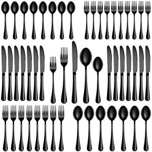 lot 12416 image: 40 Pcs Black Silverware Set, Stainless Steel Flatware Set Service for 8, Mirror Polished Cutlery Utensil Set, Durable Home Kitchen Eating Tableware Set, Include Fork Knife Spoon Set, Dishwasher Safe