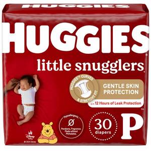 lot 12443 image: Huggies Newborn Diapers, Little Snugglers Baby Diapers, Size Preemie (up to 6 lbs), 30 Count