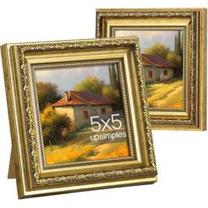 lot 12447 image: upsimples 5x5 Picture Frame with Real Glass, Ornate Vintage 5 x 5 Photo Frames for Wall Decor or Tabletop Display, Gold, 2 Pack