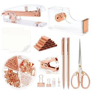 lot 12448 image: Rose Gold Office Supplies,UPIHO Rose Gold Desk Accessories,Stapler and Tape Dispenser Set with Stapler,Tape Dispenser, Staple Remover, Staples, Clips,Scissor,Pen and Sticky Notes,Gifts for Coworkers