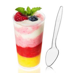 lot 12450 image: Zezzxu 50 Pack 3 oz Dessert Cups with Spoons, Mini Shooter Cups for Desserts, Small Plastic Shot Glasses for Serving Appetizers Cheesecake Puddings Mousse