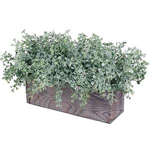 lot 15945 image: Artificial Flocked Eucalyptus Greenery in Rustic Rectangular Wood Planter Box Greenery Arrangement Potted Plant in Dusty Green for Wedding Centerpiece Office Room Table Windowsill D�cor