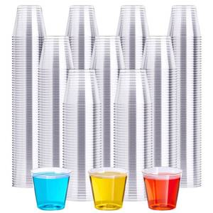lot 15946 image: 1 OZ 500 Pack Plastic Shot Glasses, Disposable Cups, 1 Ounce Tasting Cups Party Cups Perfect for Whiskey, Wine Tasting, Food Samples, and Parties