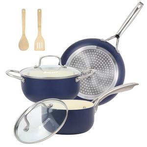 lot 15950 image: M MELENTA Pots and Pans Set, 7 Piece Nonstick Ceramic Cookware Set, Kitchen Induction Cookware Sets, Pots and Pans Non Stick with Oven Safe Handle, 100% PFOA Free, Blue