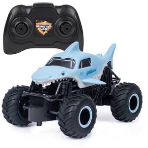lot 15966 image: Monster Jam, Official Megalodon Remote Control Monster Truck for Boys and Girls, 124 Scale, 2.4 GHz, Kids Toys for Ages 4 and Up (Wheel Broken)