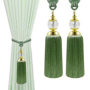 lot 16278 image: Tassel Curtain Tiebacks Boho Handmade Curtain Tie Back Holders Crystal Outdoor Farmhouse Curtain Holdbacks for Drapes Decorative Tassel Ties Hook for Sheer Curtains Green 2 Pack