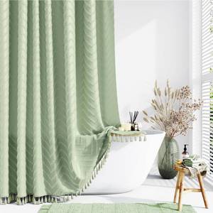 lot 16298 image: Dynamene 78 Inches Long Shower Curtain, Boho Tufted Chevron Striped Tall Cloth Shower Curtains for Bathroom Decor, Large Hotel Spa Luxury Shower Curtain Set with Hook, Wrinkle Free, Sage Green, 72x78