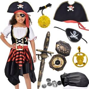 lot 16365 image: Kids Pirate Costume Girls Halloween Dress Up Cosplay Role Play Set with Hat Toy Accessories for Girls 5-6 Years