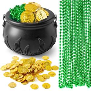 lot 16381 image: JOYIN 119 Pcs St. Patrick��s Party Supplies Set, 18 Green Bead Necklaces, 100 Plastic Coins & 1 Cauldron, St Patrick��s Day Party Favor Supply (Black Cauldron, Green Bead Necklace & Gold Coins)