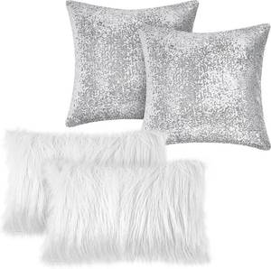 lot 8134 image: Irenare Sequin & Fluffy Pillow Covers, 18x18 & 12x20, SilverWhite