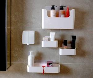 lot 8147 image: Adhesive Wall Shelves 4pcs, Durable Plastic Storage Bins, White