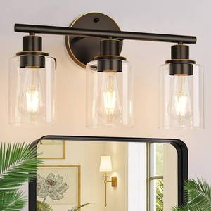 lot 8150 image: $120 TWO Pack 3-Light Modern Vanity Light, Brown & Gold, Clear Glass Shade