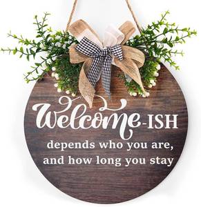 lot 8227 image: Welcome-ish Sign - 12in Wood Plaque with Buffalo Plaid Bow